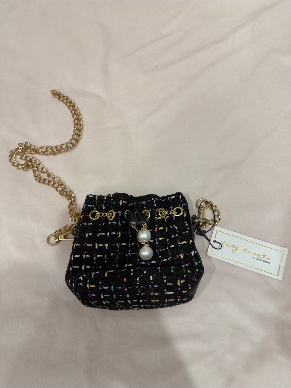 Girls Black Tweed Mini Crossbody Bag with Pearl Charm